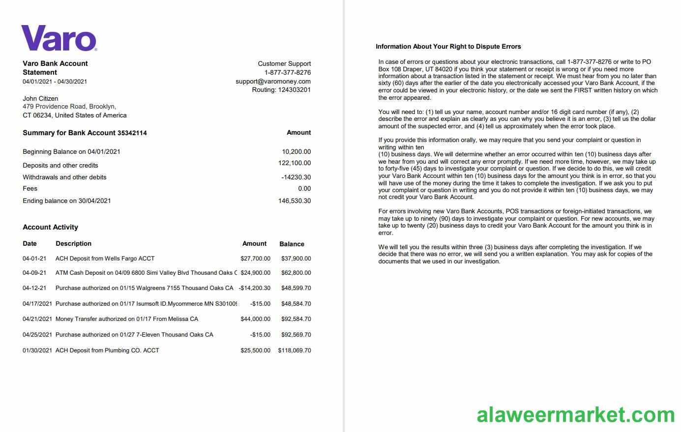 USA California Varo bank statement template in Excel and PDF format (2 pages)